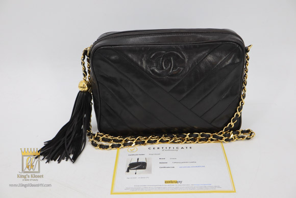 Chanel Camera Tassel Large Vintage Bag In Black Vertical Quilted Lambskin  And Fringe Chain